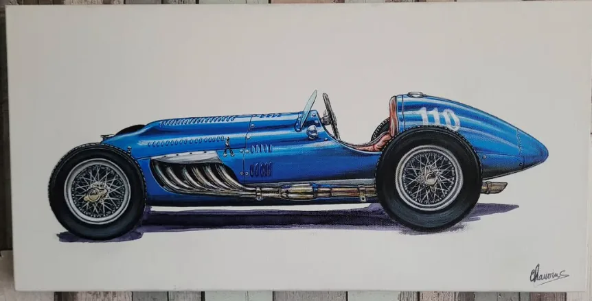 Peinture d'une monoplace de course bleue numéro 110, voiture de Grand Prix française