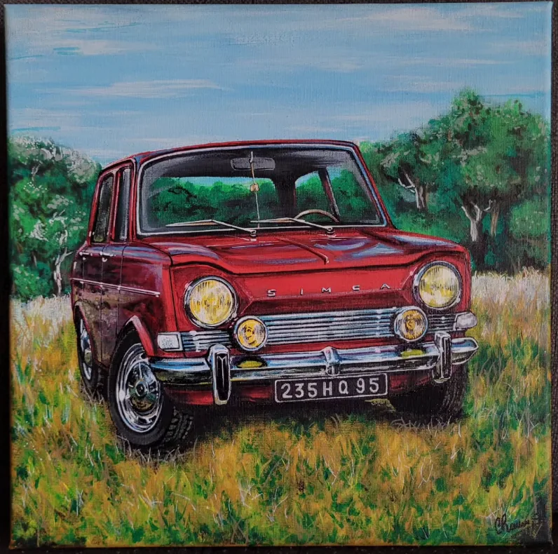 Peinture d'une Simca 1000 Rallye rouge dans un pré, automobile française de collection