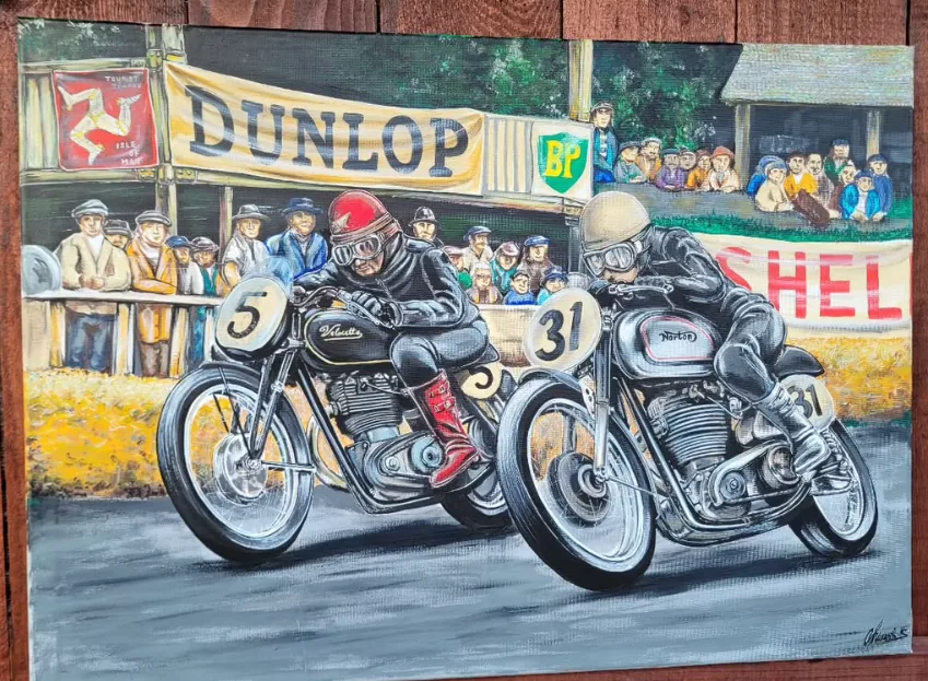 Peinture de deux motos anciennes Velocette et Norton au Tourist Trophy de l'île de Man